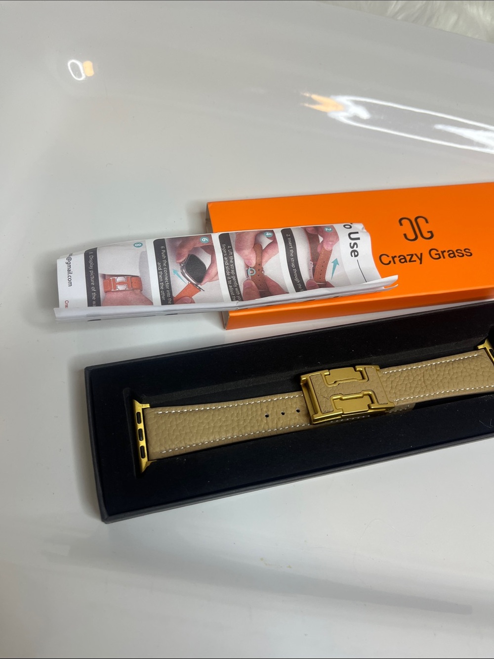 Beige Leather Watch Strap with Gold Hardware - Picture 2 of 4